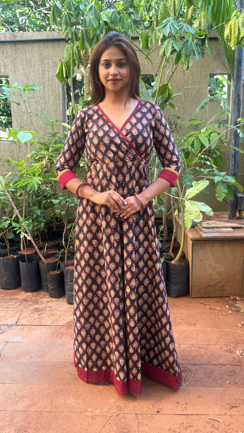 Black block print long dress with three-quarter sleeves, full-length front view
