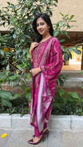 Magenta art silk kurta set with dupatta, full-length natural light view