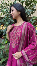 Magenta art silk kurta and matching pants with dupatta