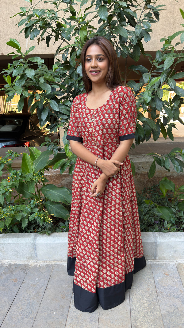 Red Printed Long Dress Black Hem