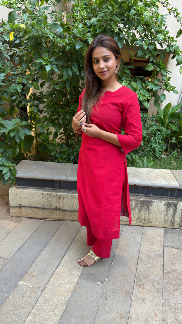 Red Plain Kurta Set