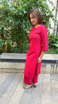 Full-length view of plain red handloom cotton kurta set