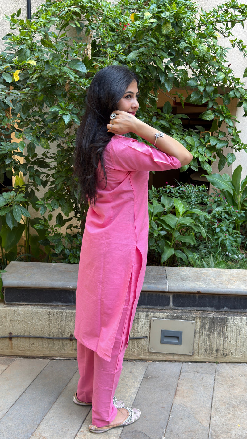 Side view of pink kurta showing relaxed fit