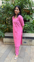 Full-length view of plain pink handloom cotton kurta