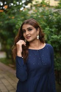 Navy Blue Slub Silk Dress