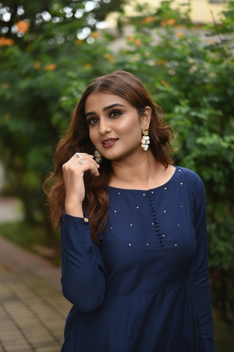 Navy Blue Slub Silk Dress