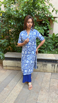 Three-quarter view of blue white handloom cotton kurta set