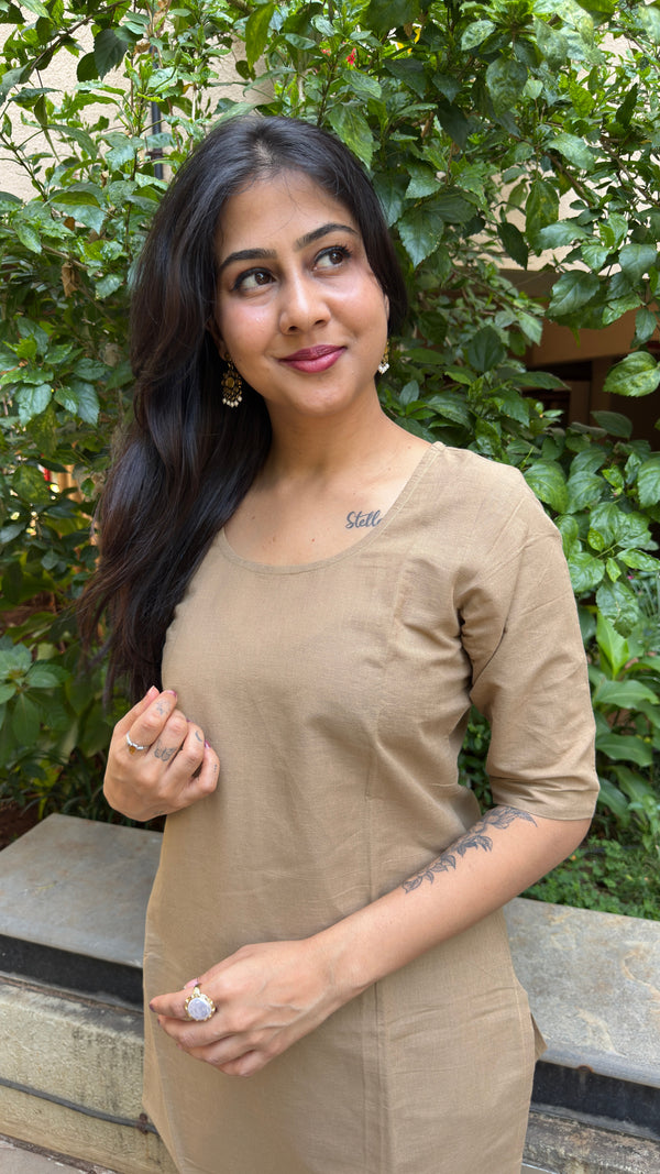 Beige Plain Kurta Set