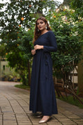 Navy Blue Slub Silk Dress