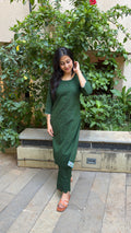 Full-length view of dark green handloom cotton kurta set