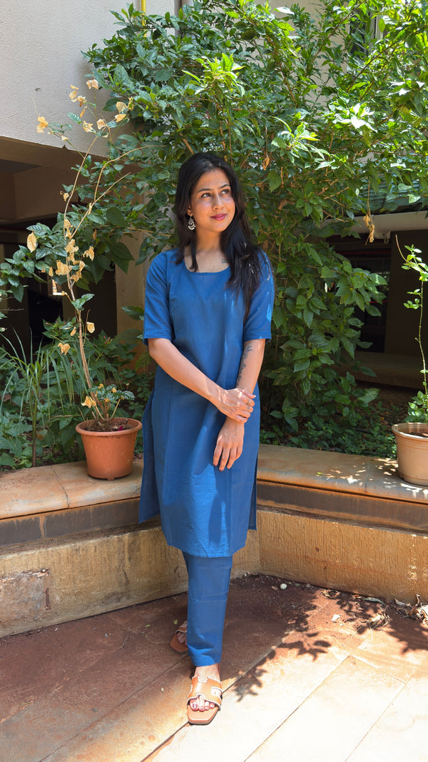 Steel Blue Plain Kurta