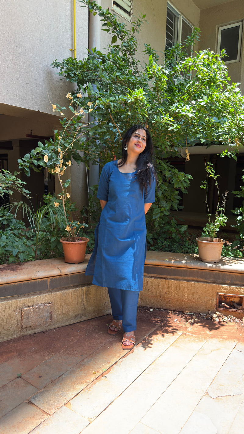 Front view of steel blue plain kurta showing clean silhouette