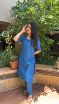 Detail of steel blue handloom cotton fabric