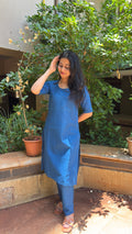 Close-up of steel blue kurta round neckline