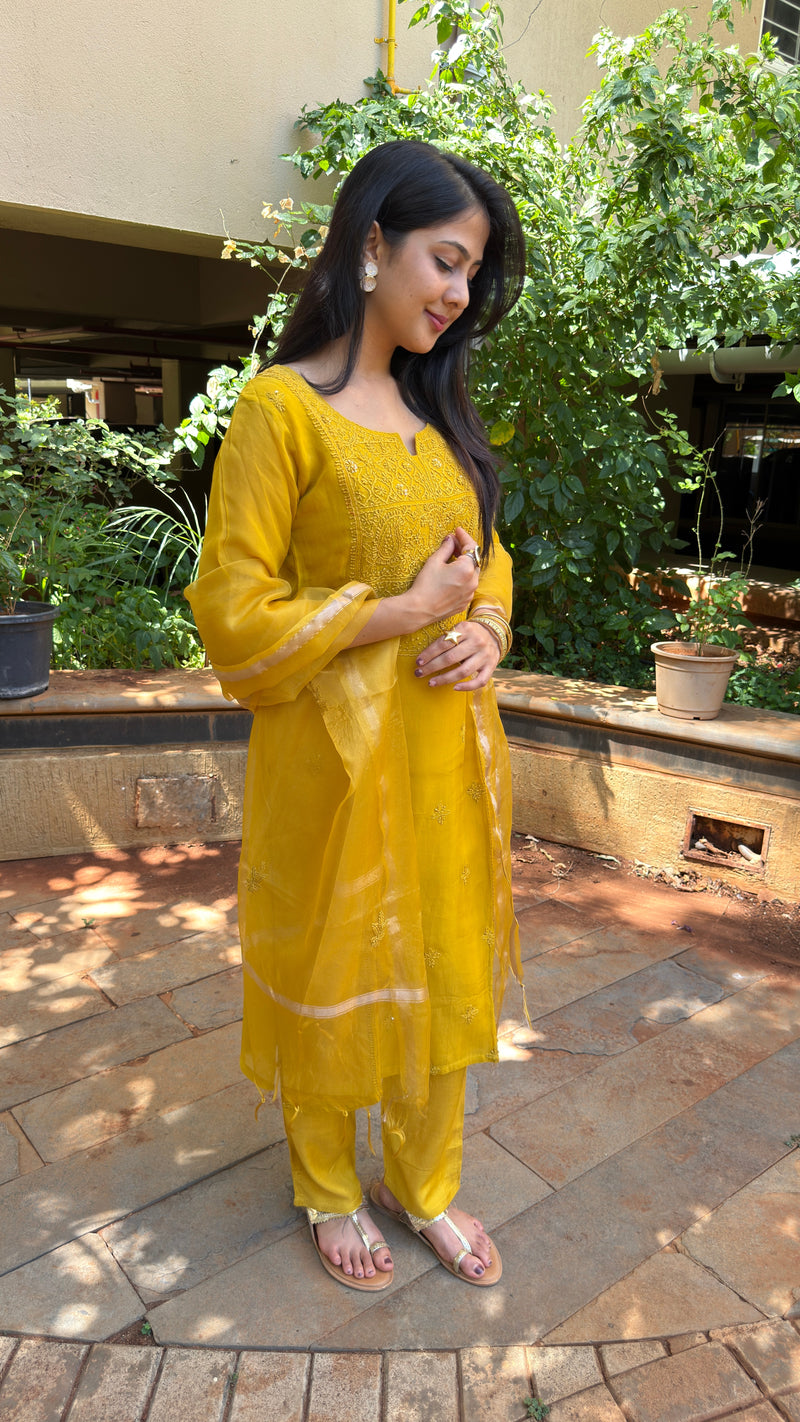 Three-quarter view of yellow organza kurta set in natural light