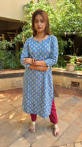 Full-length view of blue paisley block print kurta set