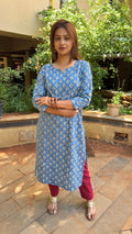 Detail of paisley motifs hand block printed on blue cotton
