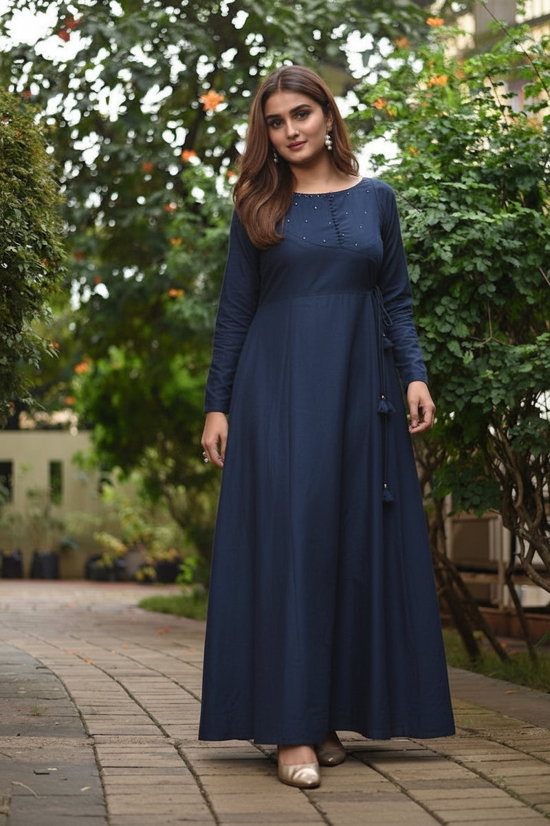 Navy Blue Slub Silk Dress