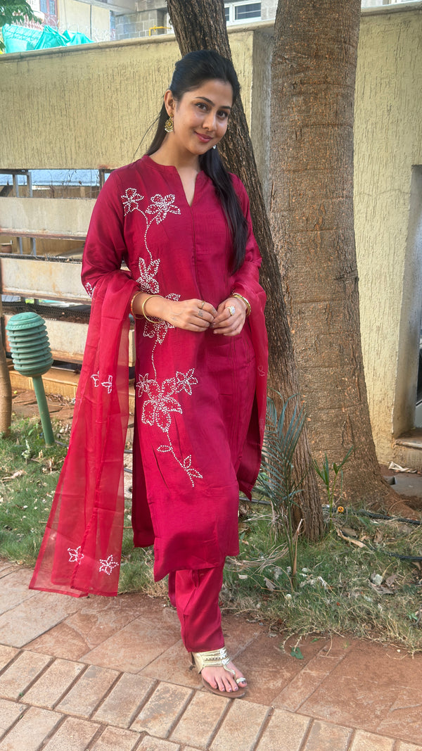 Maroon White Embroidered Set
