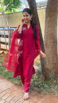 Full-length view of maroon embroidered kurta set
