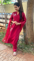 Close-up of maroon kurta neckline and embroidered placket