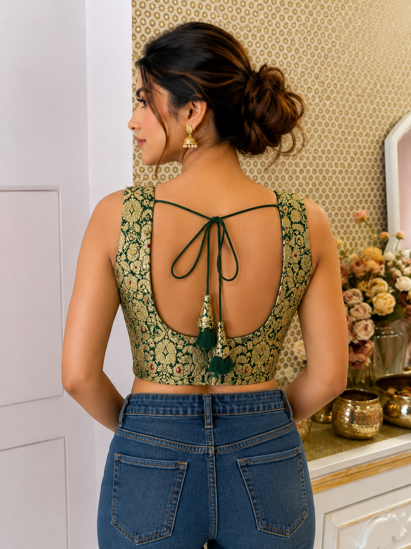 Emerald Heritage Banarasi Sleeveless Brocade Blouse