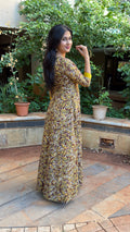 Full-length view of olive handloom cotton block print long dress