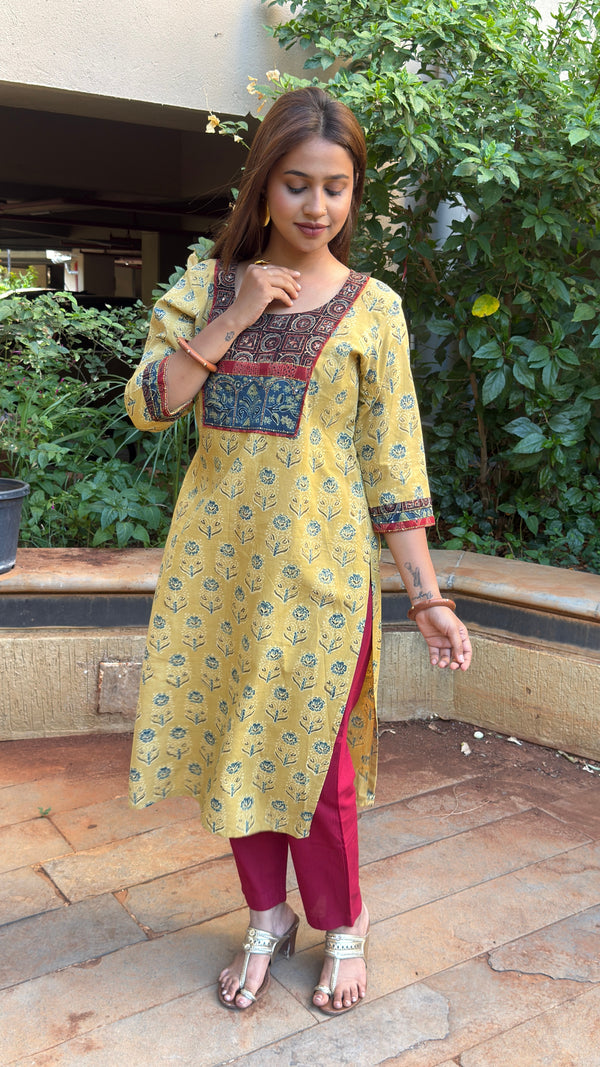 Yellow Maroon Yoke Kurta Set