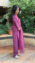 Front view of mauve kurta showing embroidered yoke and dupatta drape