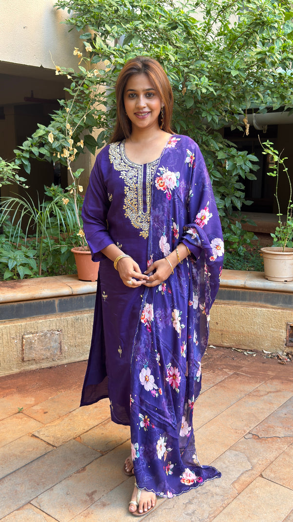 Purple Floral Dupatta Set