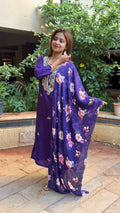 Close-up of purple kurta neckline with mirror embroidery