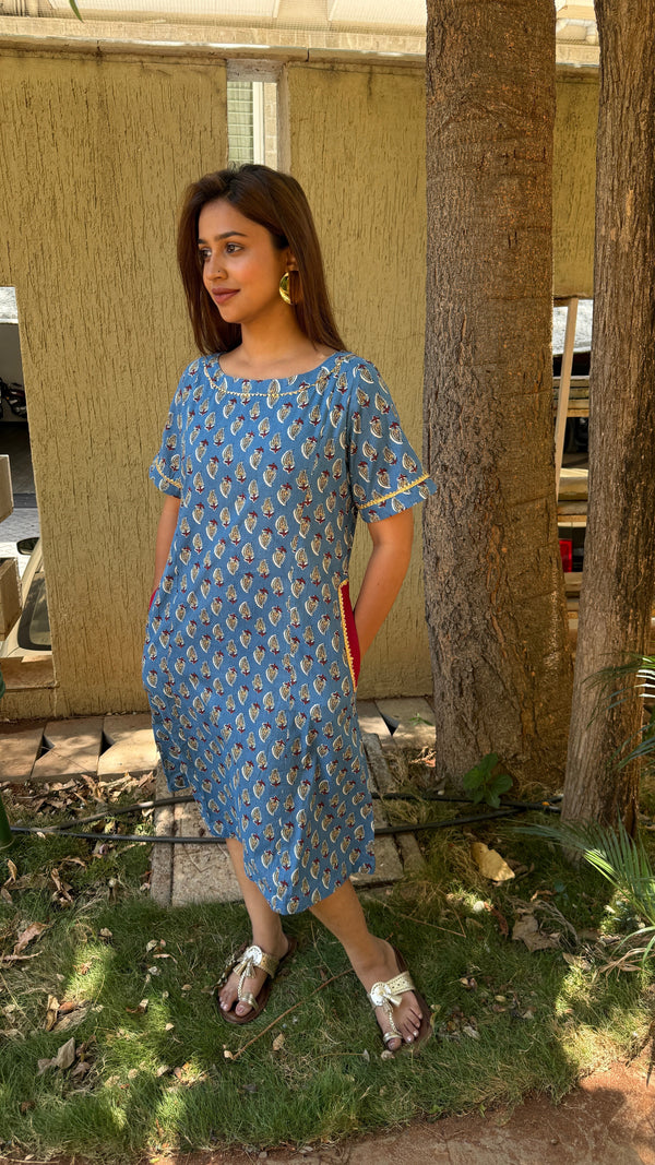 Blue Block Print Calf Length Dress