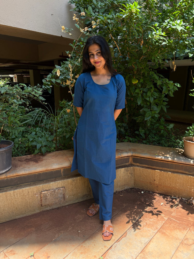 Front view of royal blue plain short kurta showing clean silhouette