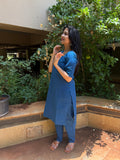 Three-quarter view of royal blue handloom cotton kurta set