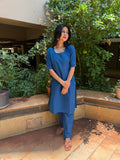 Full-length view of royal blue plain short kurta set