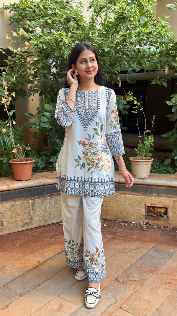 Ivory Floral Print Short Kurta Set