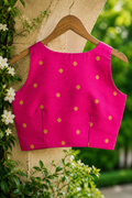 Fuchsia Pink Slub Silk Saree Blouse with Gold Woven Dots