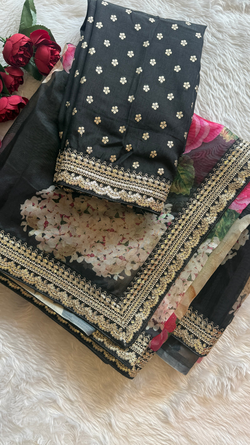 Black Floral Organza Saree
