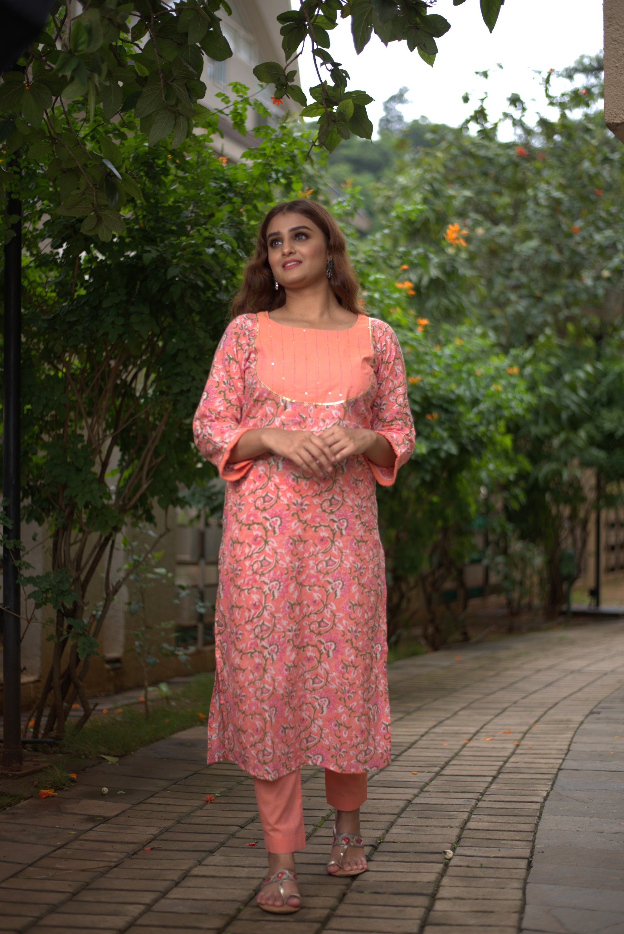 Peach Hand Block Print Cotton Kurta Set