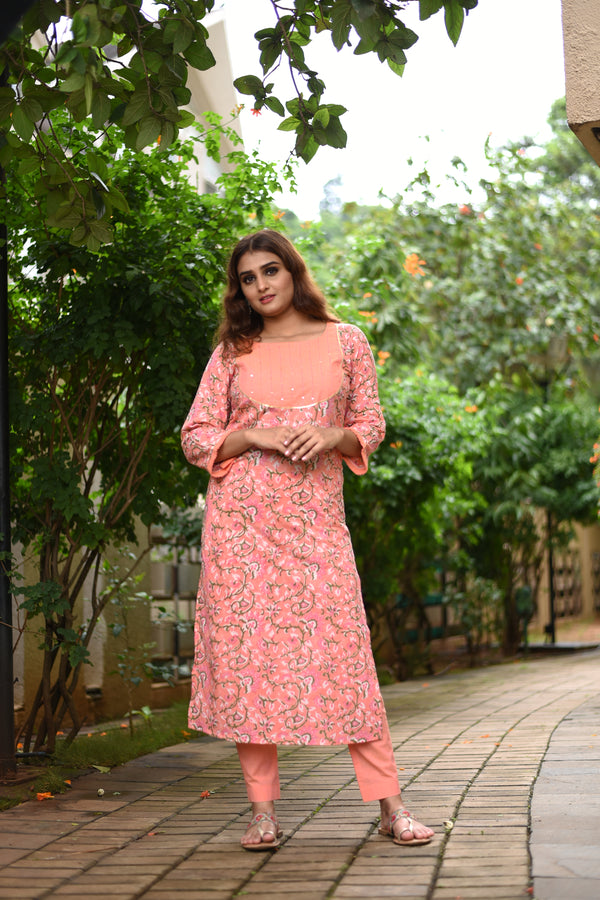 Peach Hand Block Print Cotton Kurta Set