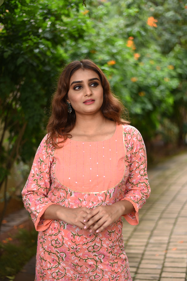 Peach Hand Block Print Cotton Kurta Set