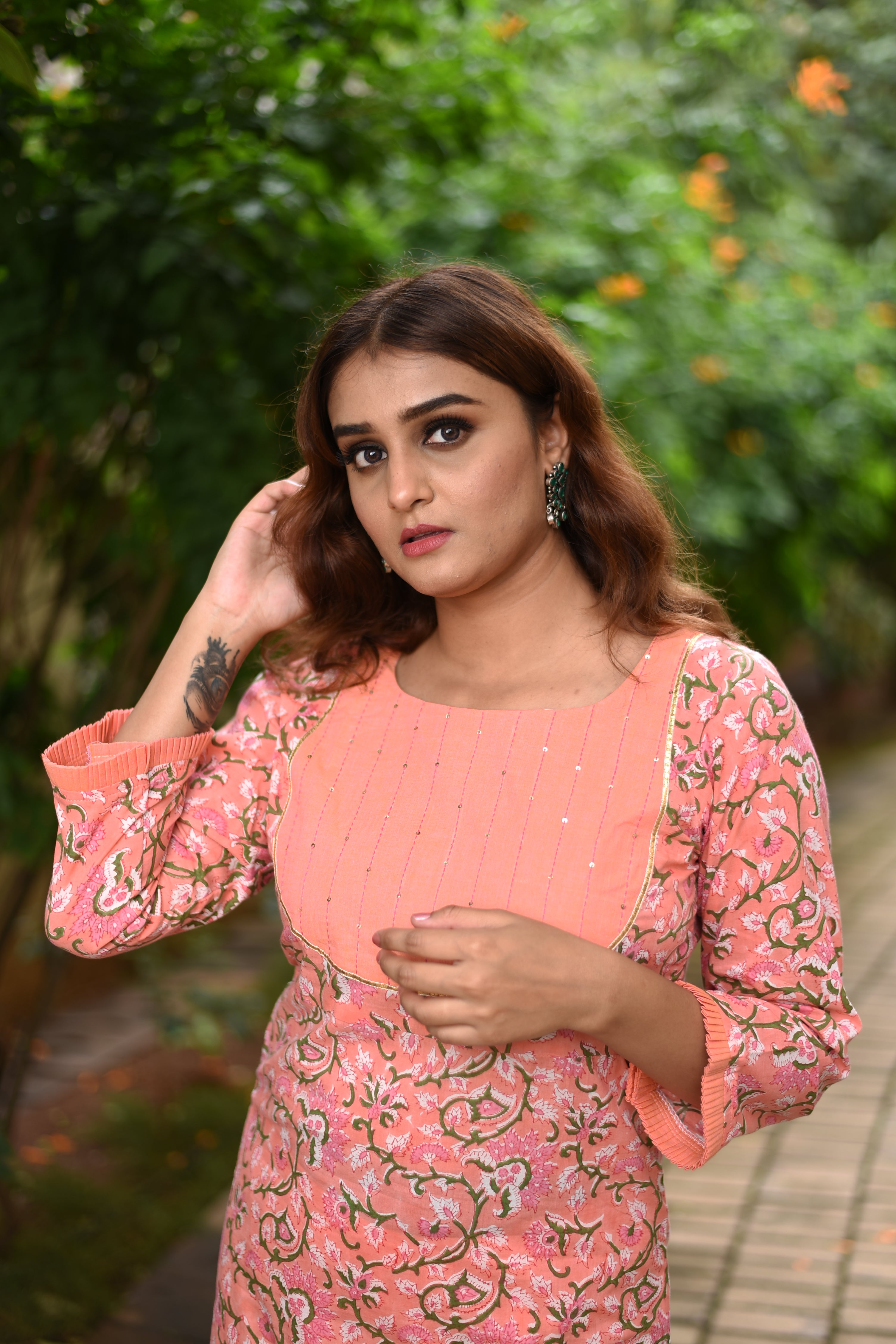 Peach Hand Block Print Cotton Kurta Set