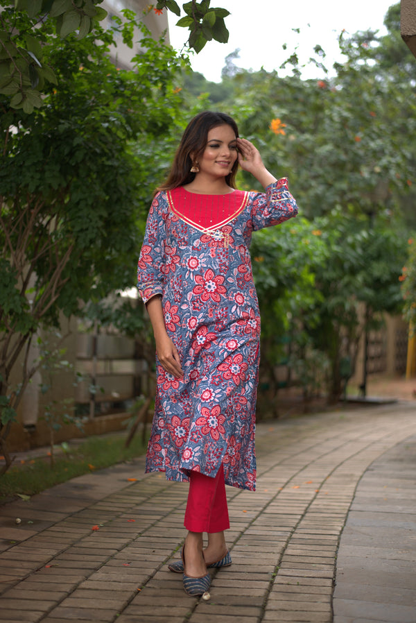 Blue and Red Hand Block Print Cotton Kurta Set