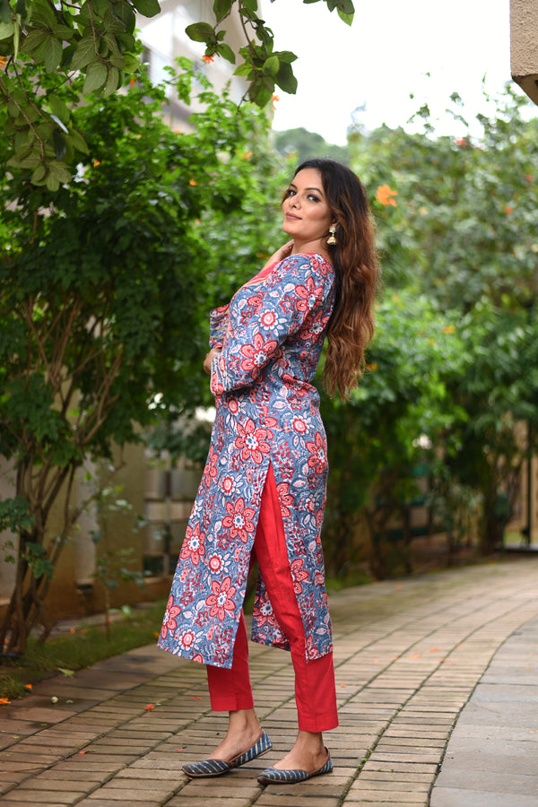 Blue and Red Hand Block Print Cotton Kurta Set
