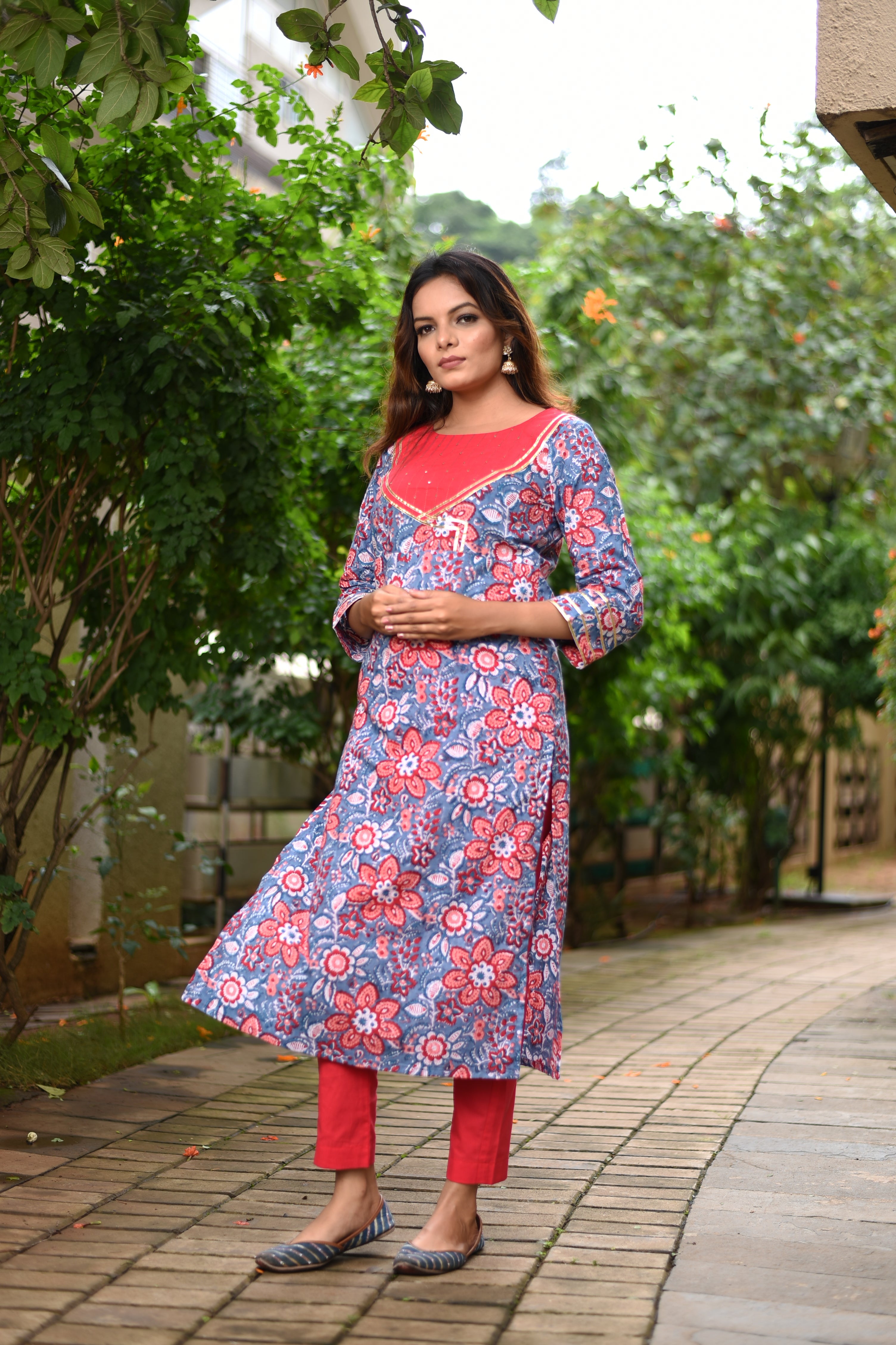 Blue and Red Hand Block Print Cotton Kurta Set