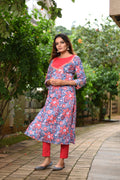 Blue and Red Hand Block Print Cotton Kurta Set