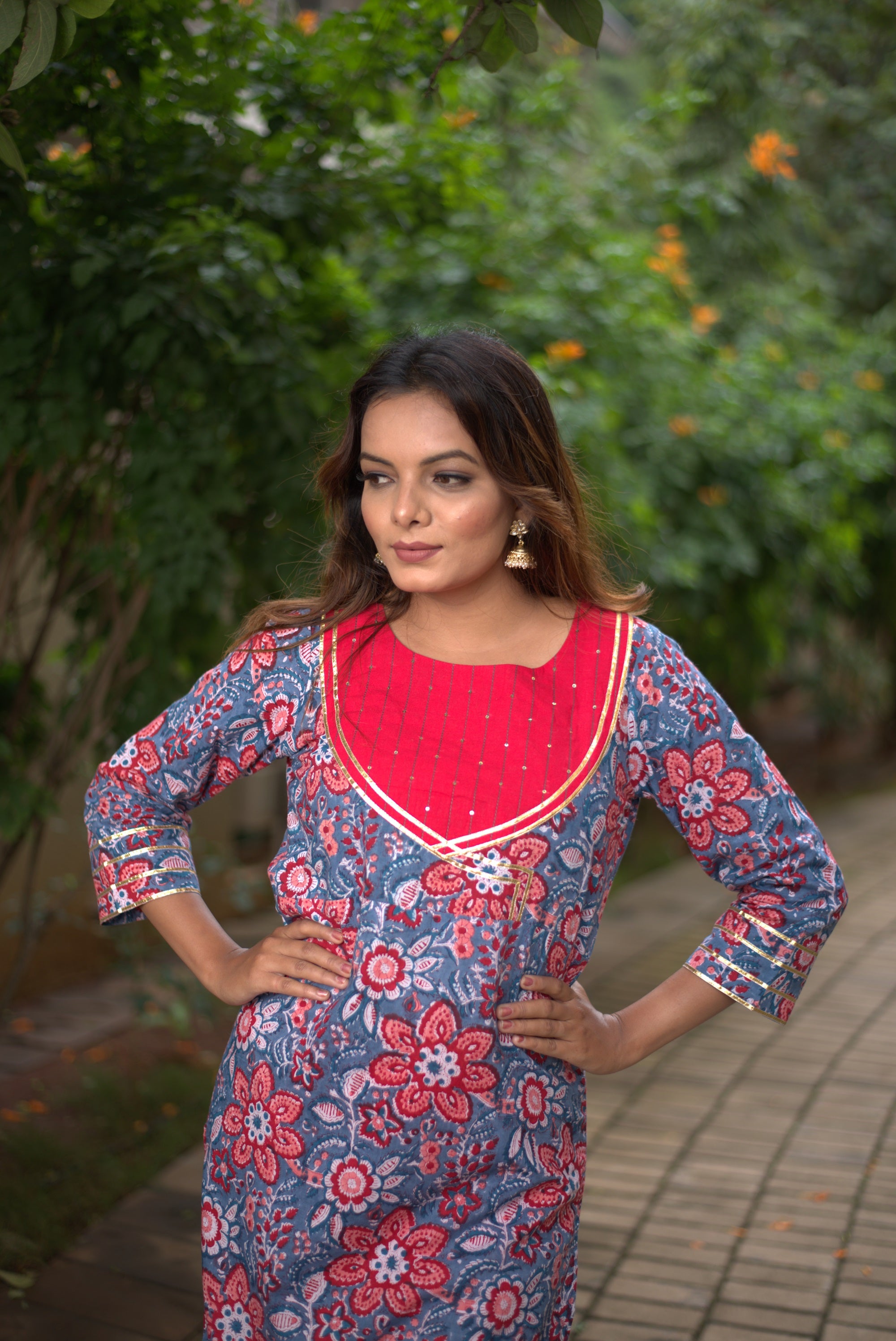 Blue and Red Hand Block Print Cotton Kurta Set