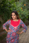 Blue and Red Hand Block Print Cotton Kurta Set