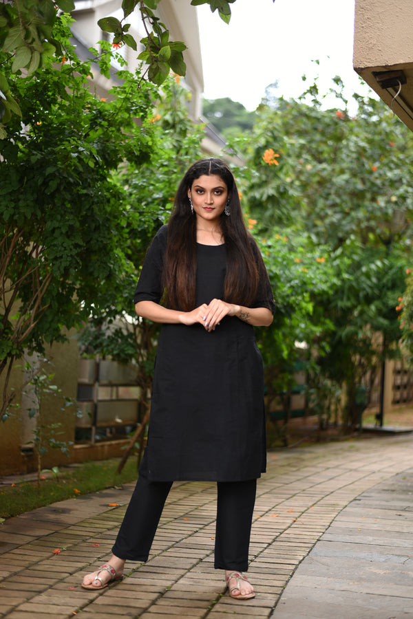 Black Cotton Straight Kurta Set