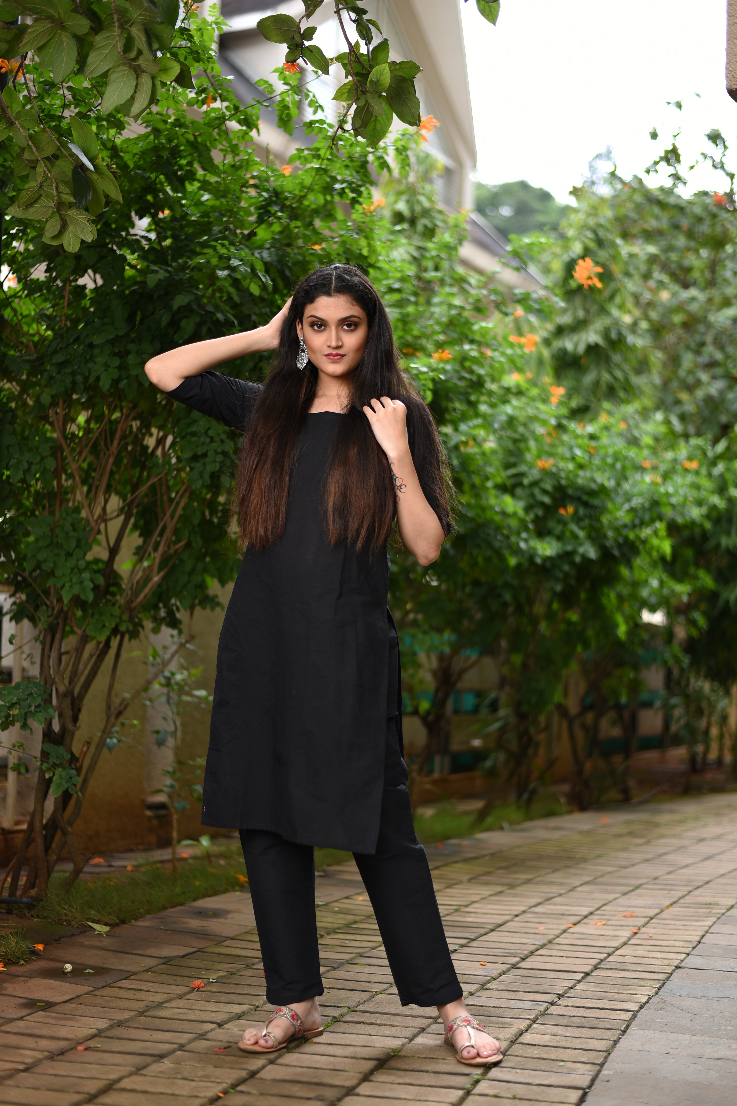 Black Cotton Straight Kurta Set